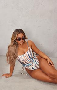 PrettyLittleThing Купальник с высокой посадкой и рюшами по бокам с животным принтом Shape Stone