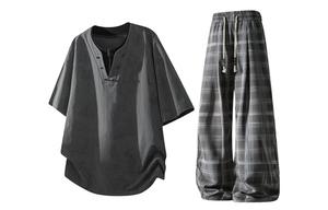 Повседневная спортивная одежда Unisex V-образный вырез Moderate X1617, серый tie-dye short-sleeved+серый plaid pants