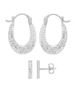 Комплект из двух серег-гвоздиков с овальными кольцами и кристаллами-паве, позолоченный и посеребренный Essentials, silver