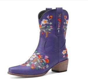 Женские ковбойские ботильоны OTMYIGO, заостренные вышитые вестерн-бутсы, винтажные ботильоны, зимние с массивным каблуком, на среднюю голень, для улицы и мотоциклетные, Purple