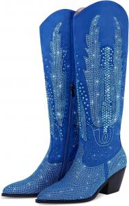 RONILURN Женские ковбойские сапоги по колено, стиль вестерн, с блестками и стразами, заостренный носок, массивный каблук, на пуговицах, модные высокие черные сапоги