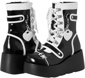 Женские готические ботильоны на платформе с милыми пряжками в виде сердца, массивным каблуком, круглым носком, на молнии, панк-мотоциклетные боевые ботинки, короткие готические ботильоны Generic, Black