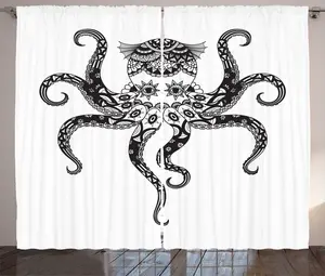 Штора ABAKUHAUS Осьминог в деревенском стиле, морское животное в стиле бохо, универсальная ленточная штора для гостиной с петлями и крючками, 280 x 225 см, белый с темно-серым Abakuhaus