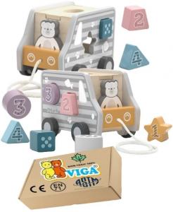 ДЕРЕВЯННЫЙ АВТОМОБИЛЬ-автобус СОРТЕР Машинка на веревочке для буксировки ВИГА 24м+ монстрессори PakaNiemowlaka