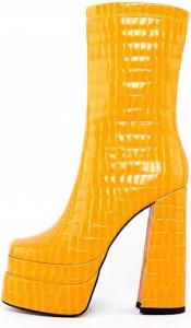 LINMUYOUJIA Осенние ботильоны на толстом каблуке с принтом под крокодила, платформой, бордового цвета, с квадратным носком, боковой молнией, удобные повседневные женские ботинки-туфли на высоком каблуке, желтые модные ботинки