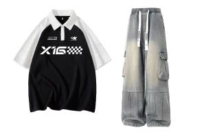 Повседневная спортивная одежда Unisex с лацканом Lapel Moderate X1617, черный & белый heather серый top+желтый mud pants