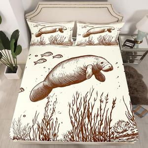 Erosebridal Комплект постельного белья Manatee с мультяшными морскими коровами и растениями в бежевых тонах, Multi 23