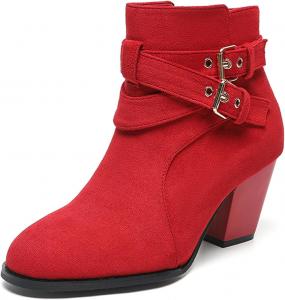 Женские замшевые ботильоны на массивном каблуке с двойной регулируемой пряжкой, классическим круглым носком, боковой молнией и каблуком-блоком, короткие осенние ботинки XHOGNLS, Red