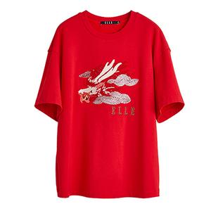 ELLE Футболка женская красная с круглым вырезом умеренного прямого кроя