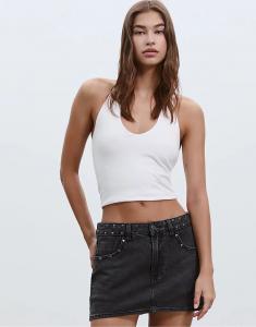 Юбка-шорты Stradivarius D62 из денима с заклепками, черный деним с эффектом потертости