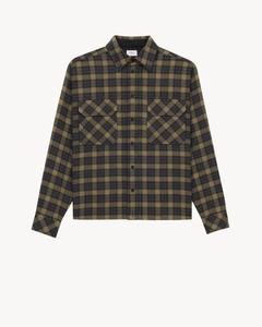 Рубашка-овершот из шерсти в клетку с вышивкой Saint Laurent, зеленый