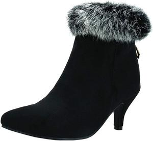 Женские ботильоны KOKOMOMO с мехом, на kitten heel, с молнией, заостренным носком и пушистой отделкой, Black