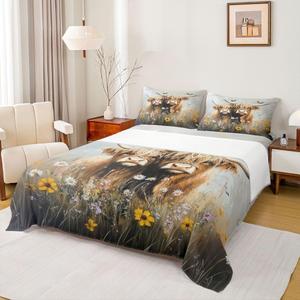 Erosebridal Комплект постельного белья Highland Cow с цветочным принтом в стиле кантри, Brown Yellow White
