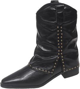 Женские винтажные ковбойские сапоги в западном стиле с заклепками, с отворотом, массивным низким каблуком, ботильоны ковбойки, кожаные мотоциклетные ботинки Generic, Black