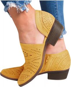 Женские ботильоны ZBYY на низком каблуке с вырезами, закрытым носком, перфорированные, с V-образным вырезом, в западном стиле, без шнуровки, короткие ботинки, желтый