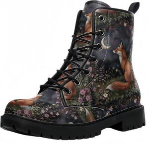 Женские короткие ботинки с принтом, шнуровкой и массивным каблуком, боевые ботильоны для девушек и женщин, обувь на осень и зиму, с узором из роз и черепов в мультяшном стиле Maimeili, Fox