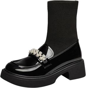 Женские ботильоны FOWT, платформа, круглый носок, ремешок с жемчугом, массивные, низкий каблук, лоферы, эластичные, до голени, милые, элегантные туфли, размер 37-44, Schwarz