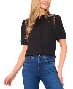 Женский топ с короткими рукавами и кружевной отделкой на плечах CeCe, черный