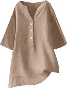 Женская блуза из хлопка и льна с 3/4 рукавом и V-образным вырезом