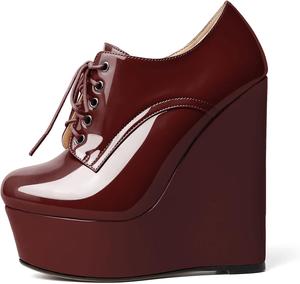 Женские ботильоны AUMOTED на танкетке, круглый носок, платформенные короткие ботинки, для свиданий, из лакированной кожи, с шнуровкой, на танкетке 15 см, на молнии, удобные, Burgundy