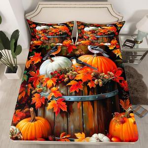 Erosebridal Фиттед простыня Pumpkin Twin для детей, осенний декор с кленовыми листьями и птицами, материал хлопок, Orange Red