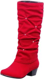 Женские сапоги, до икры, со стразами, модные, с круглым носком, на низком каблуке, до колена, мягкие, повседневные, для вечеринки, блестящая обувь HONGDAO, Rot/Ausflug, Einfarbig (Getaway Solids)