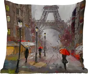 Подушка для улицы - Картина - Париж - Эйфелева башня - Зонт - Картина маслом - 40x40 см - Устойчива к погодным условиям - Подушка для отдыха - Подушка - Интерьер - Обивка с рисунком MuchoWow