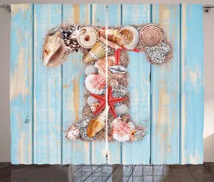 Штора ABAKUHAUS Letter T в деревенском стиле, темно-синяя, с изображением беспозвоночных, универсальная, с петлями и крючками, для гостиной, 280 x 175 см, цвет: темно-коралловый, светло-голубой Abakuhaus