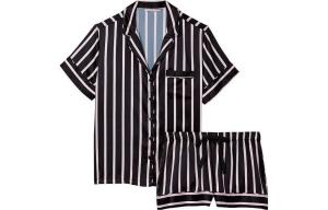 Комплект пижамы из атласа, короткий, женский, черный с розовыми полосками Victoria's Secret