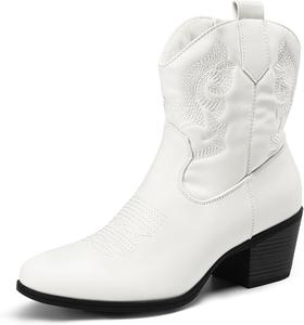 Женские западные ковбойские ботинки DREAM PAIRS с вышивкой, модные ботильоны на низком массивном каблуке с круглым носком, осенние короткие ботинки, White