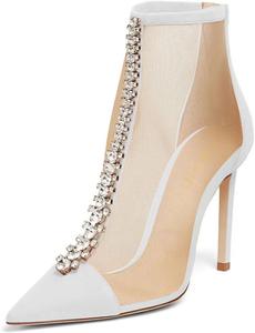 Женские ботильоны FOWT с заостренным носком, на шпильке, короткие, с блестящими стразами для вечеринки, размеры 4-16 US, White