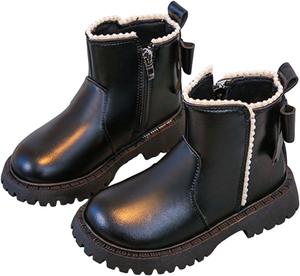 Маленькие детские девичьи милые короткие ботильоны с бантиком, боковой молнией, для платьев, на осень и зиму, с грубой подошвой, на толстом каблуке, удобные, на ноге, боевые ботинки, уличная кожаная обувь с противоскользящей подошвой Generic, Black