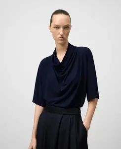 Женская футболка с драпированным воротником и коротким рукавом Adolfo Dominguez, темно-синий