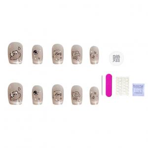 French Puppy Versatile Instagram Style Cartoon Cute Hand Drawn False Nail Short Ladder Nude Smudge 16mm ORANOT, Short Ballerina M, Suitable For Chubby Hand 16-12-13-12-9