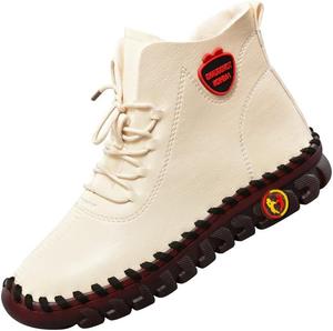 Женские кожаные теплые ботильоны с утеплителем из флиса, ручная строчка, хлопковые. Зимние ботинки с мягкой подошвой, не скользящие, водонепроницаемые, повседневные снежные ботинки ELSHTIDE, White