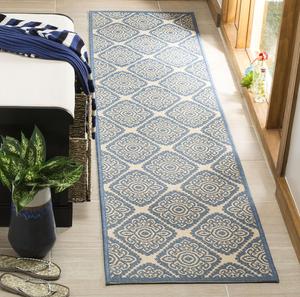 Ковер-дорожка SAFAVIEH, 67 x 244 см,  Linden Collection Cream/Blue LND132N Trellis для помещений и улицы, без ворса, легко чистится, для патио, заднего двора, крыльца, террасы, прихожей