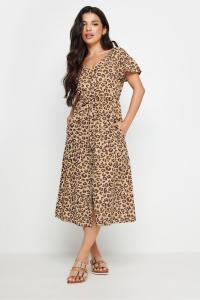 Платье миди с леопардовым принтом, рукавами оборками и льном Pixiegirl Petite, коричневый
