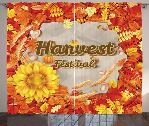 Штора ABAKUHAUS Рустикальный урожай, Фестиваль осенних листьев, для спальни, со сборками, петлями и крючками, 280 x 175 см, цвет: оранжево-желтый, коричневый Abakuhaus