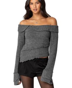 Женский асимметричный вязаный топ Mikkie с отворотом Edikted, Dark gray