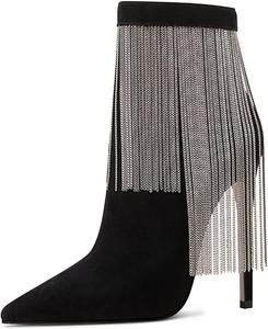 Женские модные ботильоны FSJ на высоком каблуке с заклепками, закрытым заостренным носком, шпильки, молния, осенне-зимняя обувь, размеры 4-15 М US, Black Tassels