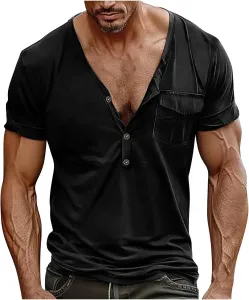 Мужская футболка Henley с V-образным вырезом и карманом