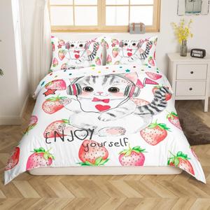 Erosebridal Комплект постельного белья Grey Cat с милыми котятами и клубникой в розовом цвете, Cute Cat 01
