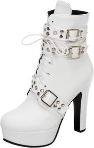 Женские ботильоны с шнуровкой на блочном каблуке, байкерские, с круглым носком Renessmi, White 1