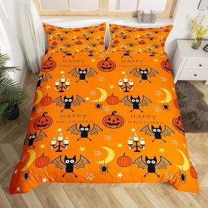 Erosebridal Комплект постельного белья Halloween Bats с принтом тыкв, пауков и звезд в оранжевых тонах, Orange Black