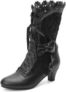 Женские ботинки LanreyTaley с бантом, средним каблуком, шнуровкой, викторианские ботинки до середины голени, кавайные ботинки, Publack