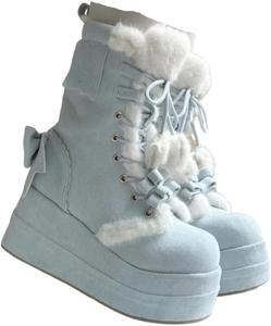 Женские пушистые платформенные ботинки Lolita Goth с мехом, милые бантики на шнуровке, массивные зимние ботинки на высоком каблуке Generic, Blue
