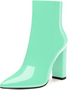 Женские ботильоны MODENCOCO, заостренный носок, высокий массивный каблук, боковая молния, средний каблук, лакированные ботинки, короткие ботильоны, осень, повседневные, 10,2 см, элегантная обувь, Turquoise