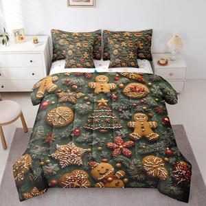 Erosebridal Комплект постельного белья Kids Christmas с уютным принтом пряничного человечка и снежинок, Brown Green