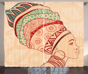 Штора в деревенском стиле Африканская женщина от ABAKUHAUS, женский тюрбан, универсальная ленточная штора для гостиной с петлями и крючками, 280 x 225 см, персиково-бирюзовый цвет Abakuhaus