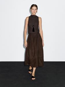 Топ с воротником-стойкой из шоколадного линейного вафельного трикотажа Massimo Dutti, коричневый